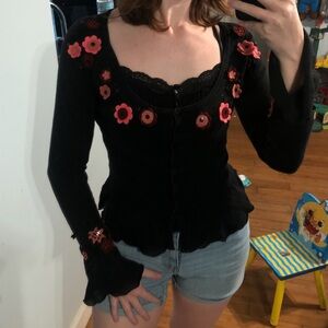 PRICE FIRM Fifi vintage Black cardigan with pink flower details